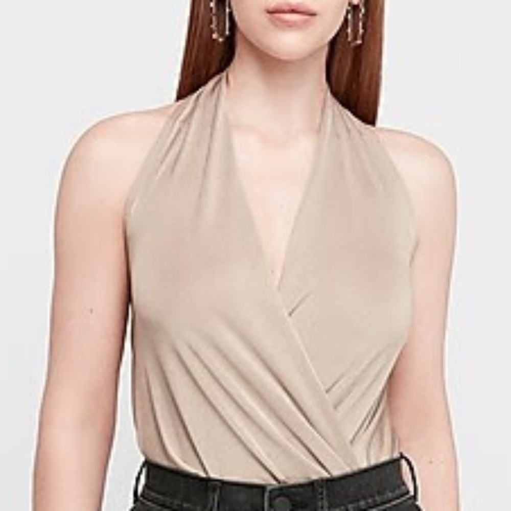 Express/Shiny Halter Neck Wrap Front Thong Bodysuit